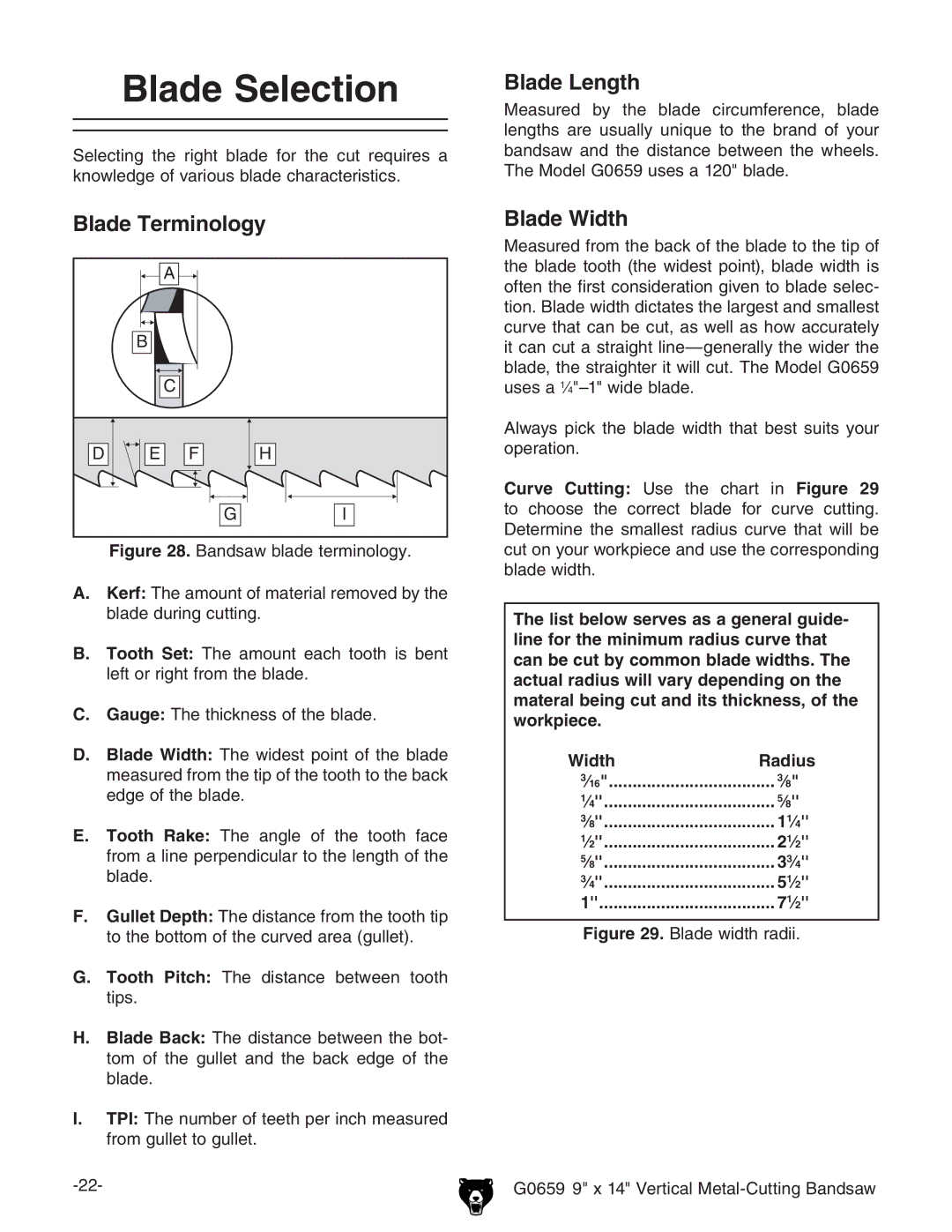 Grizzly G0659 owner manual Blade Selection, Blade Terminology, Blade Length, Blade Width 