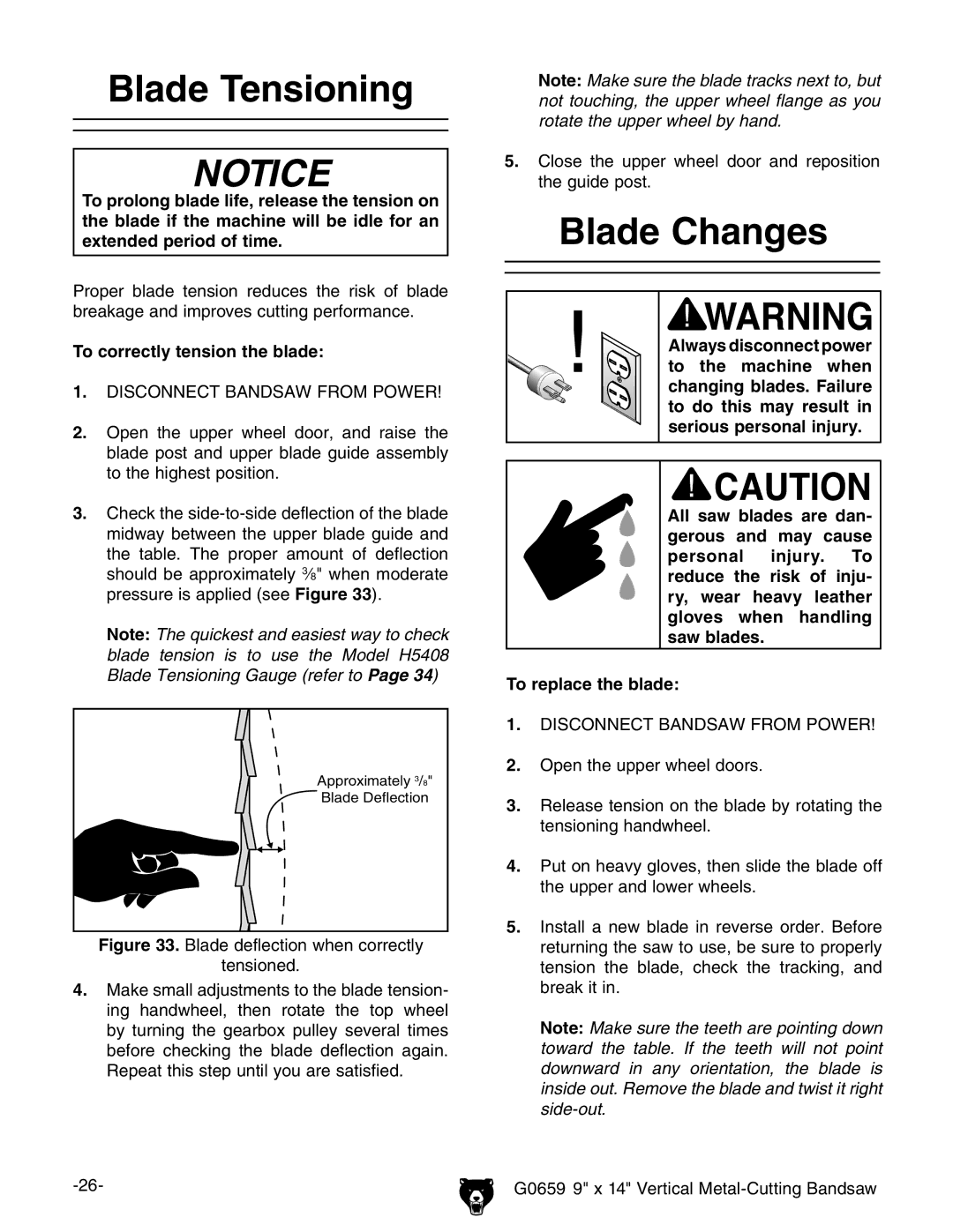 Grizzly G0659 owner manual Blade Tensioning, Blade Changes, To correctly tension the blade 