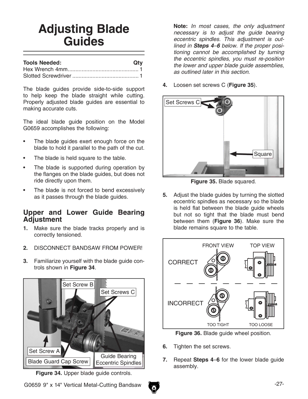 Grizzly G0659 owner manual Adjusting Blade Guides, Upper and Lower Guide Bearing Adjustment 