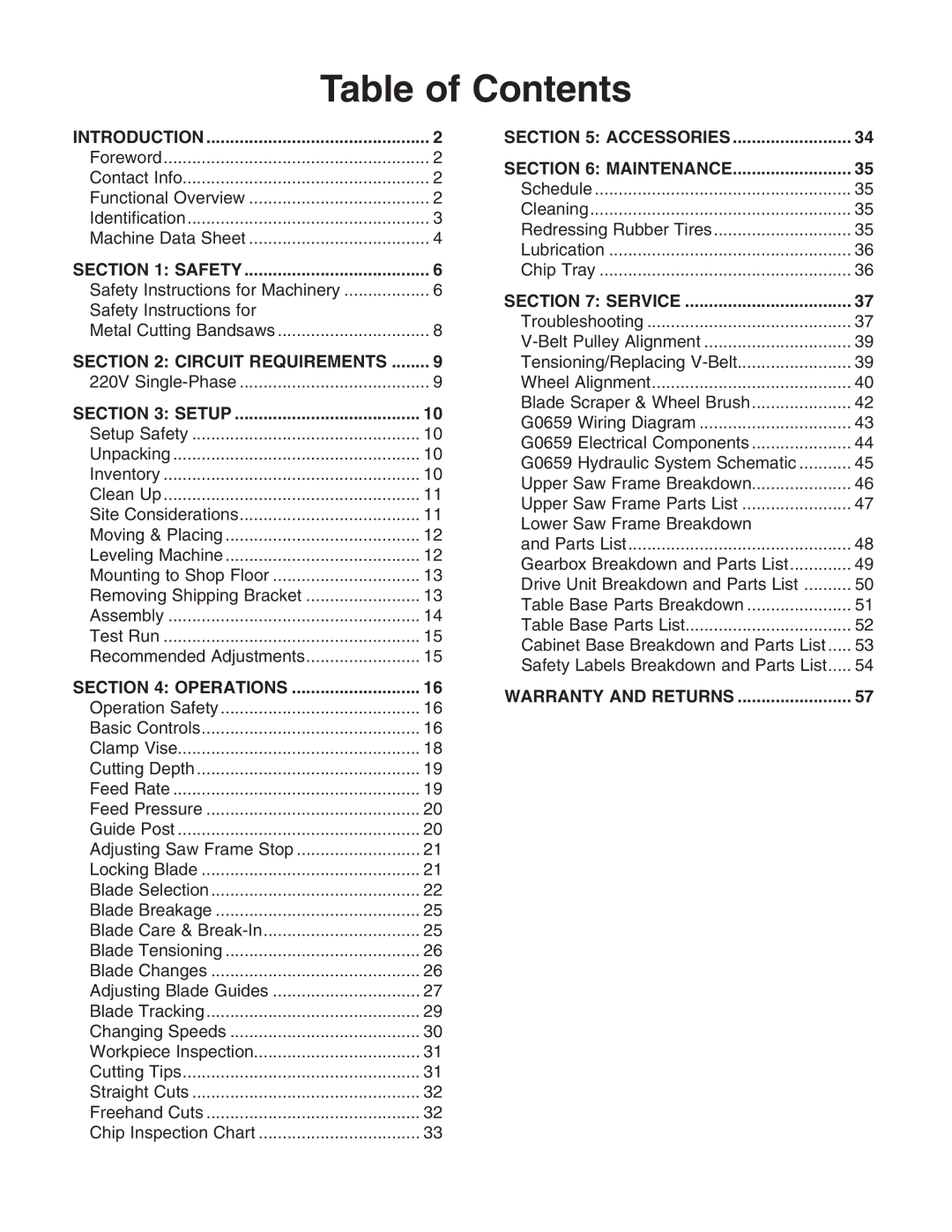 Grizzly G0659 owner manual Table of Contents 