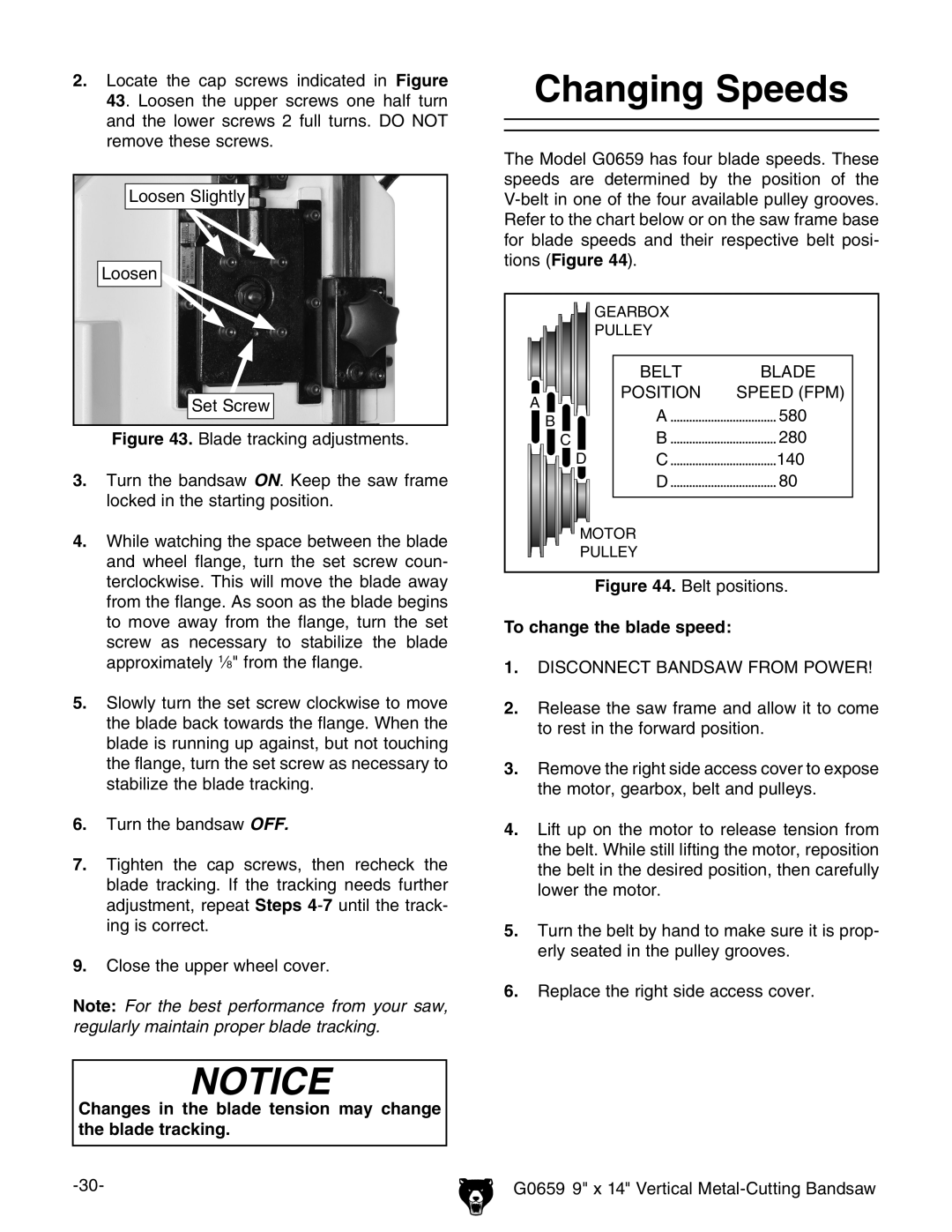 Grizzly G0659 Changing Speeds, Changes in the blade tension may change the blade tracking, To change the blade speed 