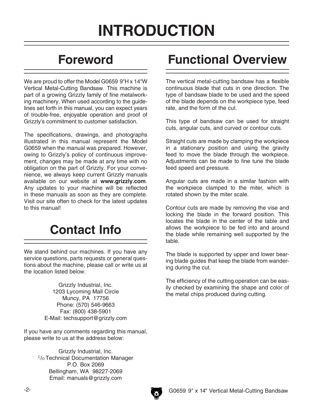 Grizzly G0659 owner manual Introduction, Foreword Functional Overview, Contact Info 