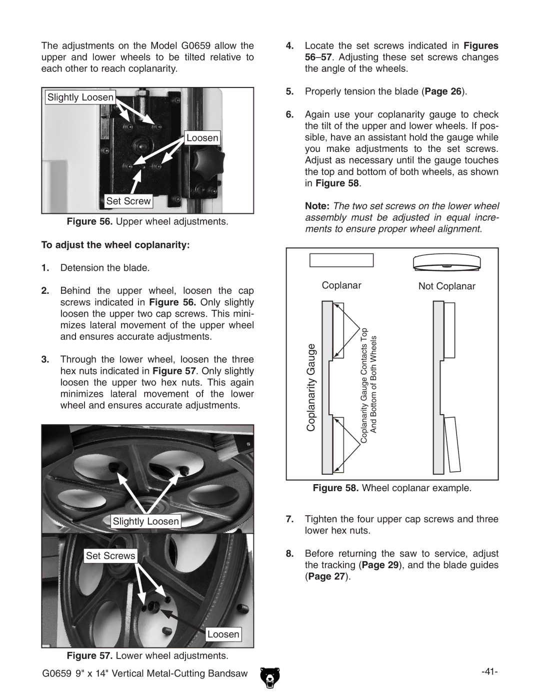 Grizzly G0659 owner manual Upper wheel adjustments, To adjust the wheel coplanarity 