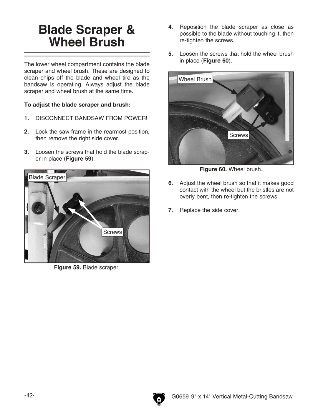 Grizzly G0659 owner manual Blade Scraper Wheel Brush, To adjust the blade scraper and brush 