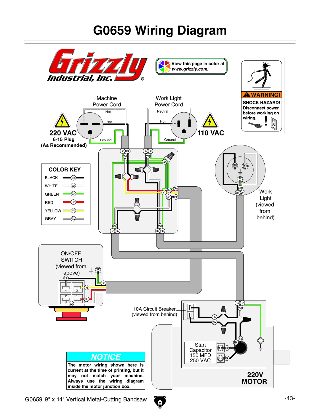 Grizzly owner manual G0659 Wiring Diagram, 110 VAC 