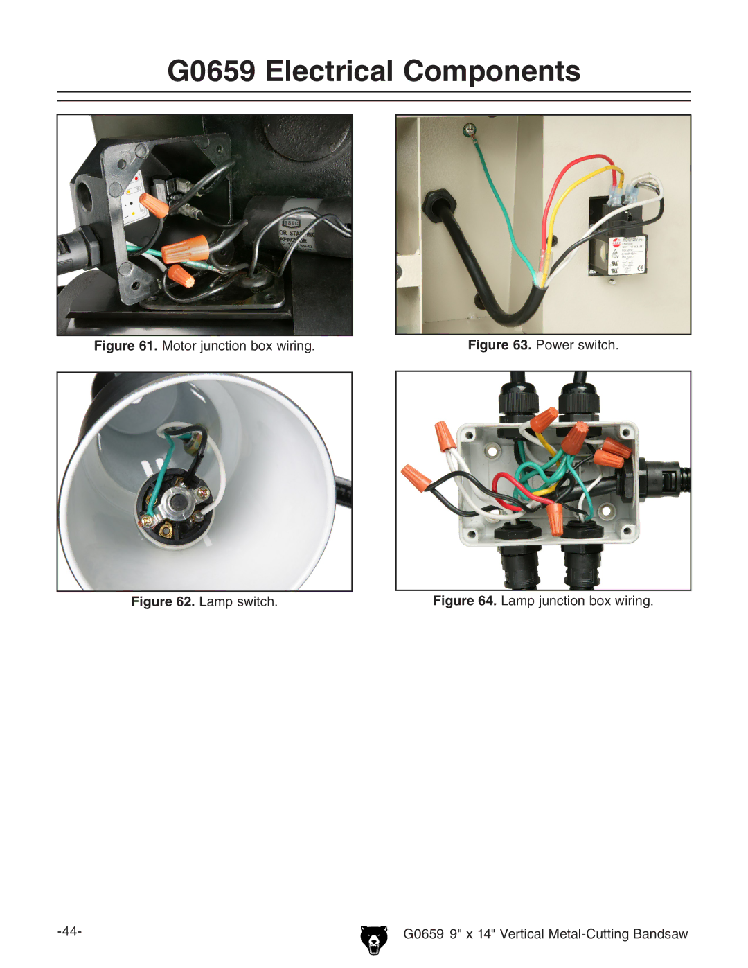 Grizzly owner manual G0659 Electrical Components, Motor junction box wiring 