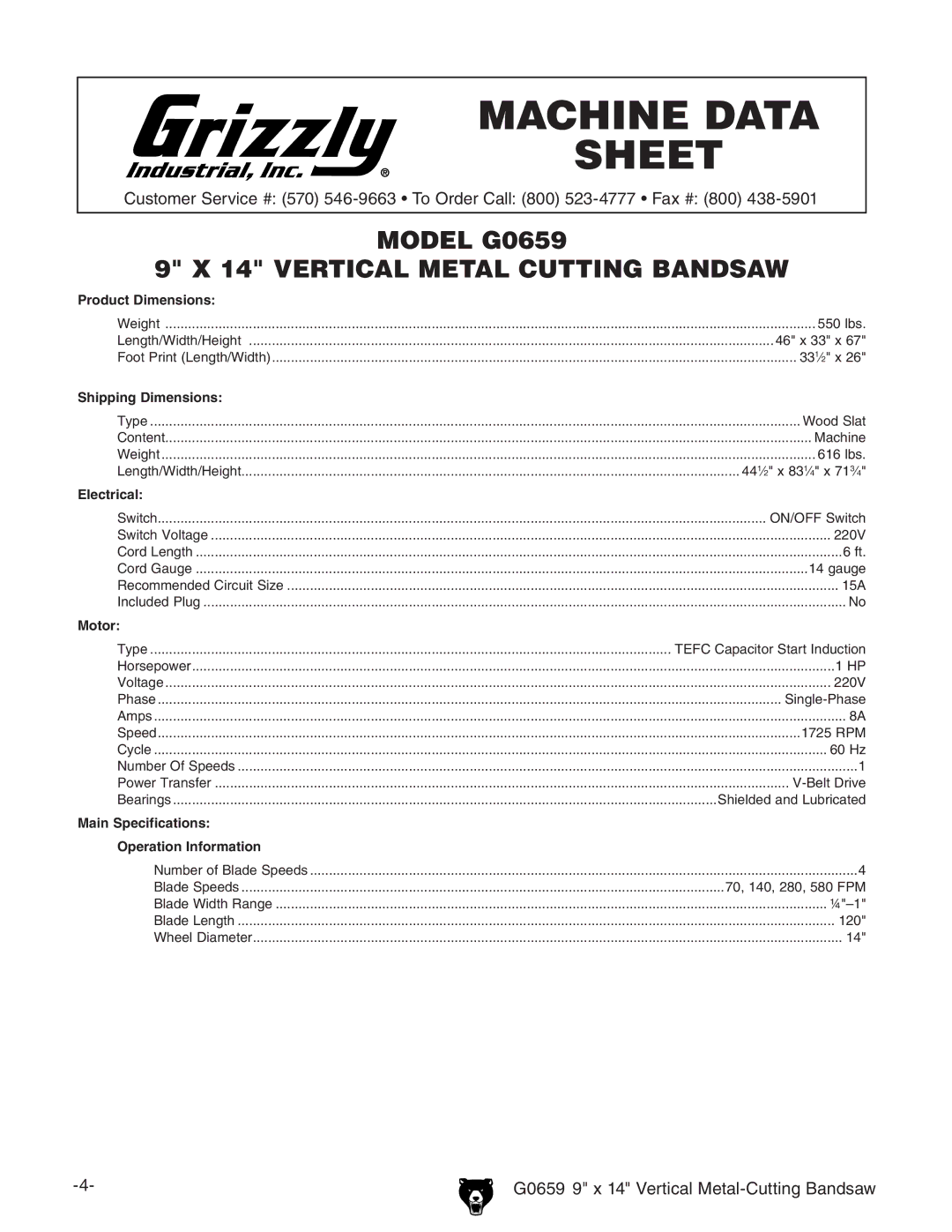 Grizzly G0659 owner manual Machine Data Sheet 