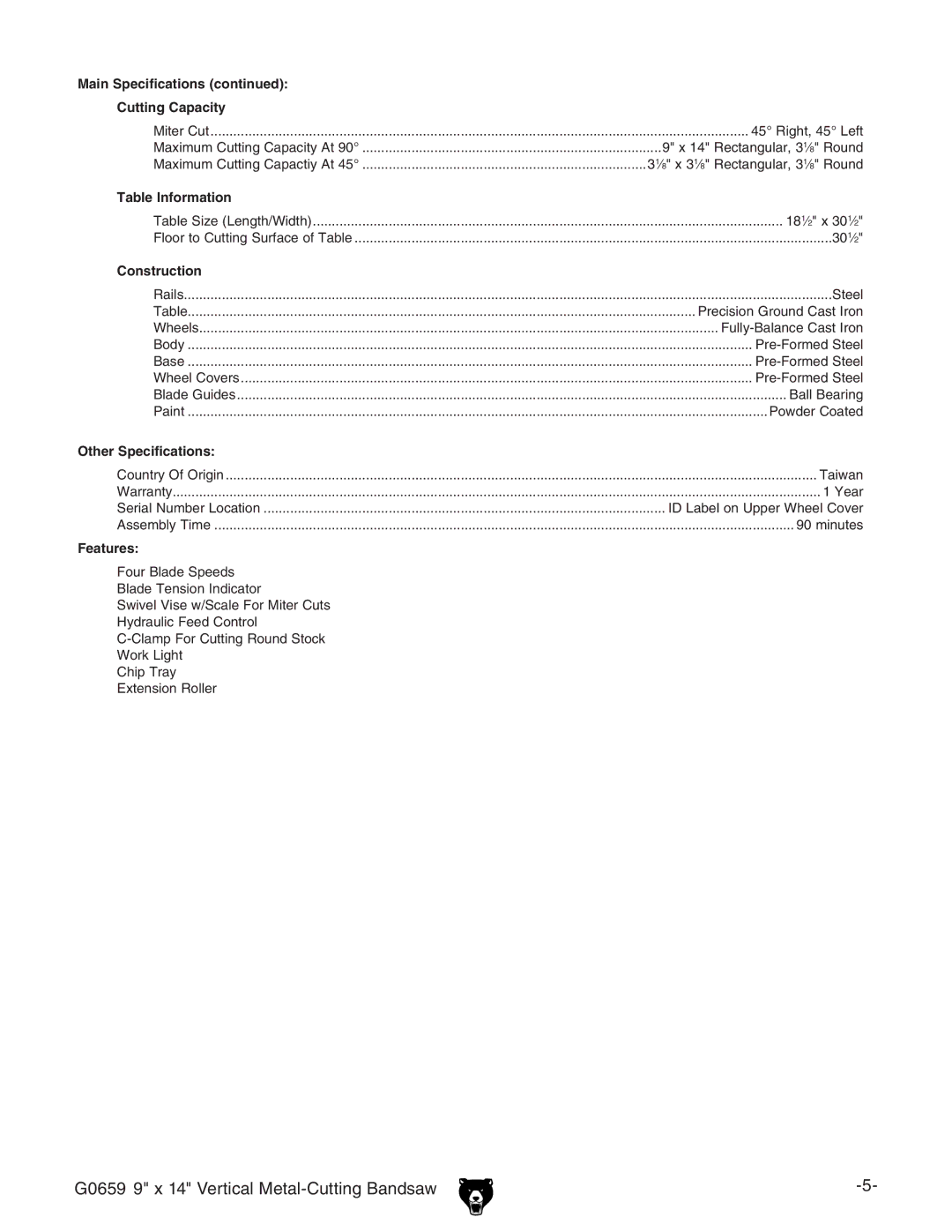 Grizzly G0659 owner manual Main Specifications Cutting Capacity 