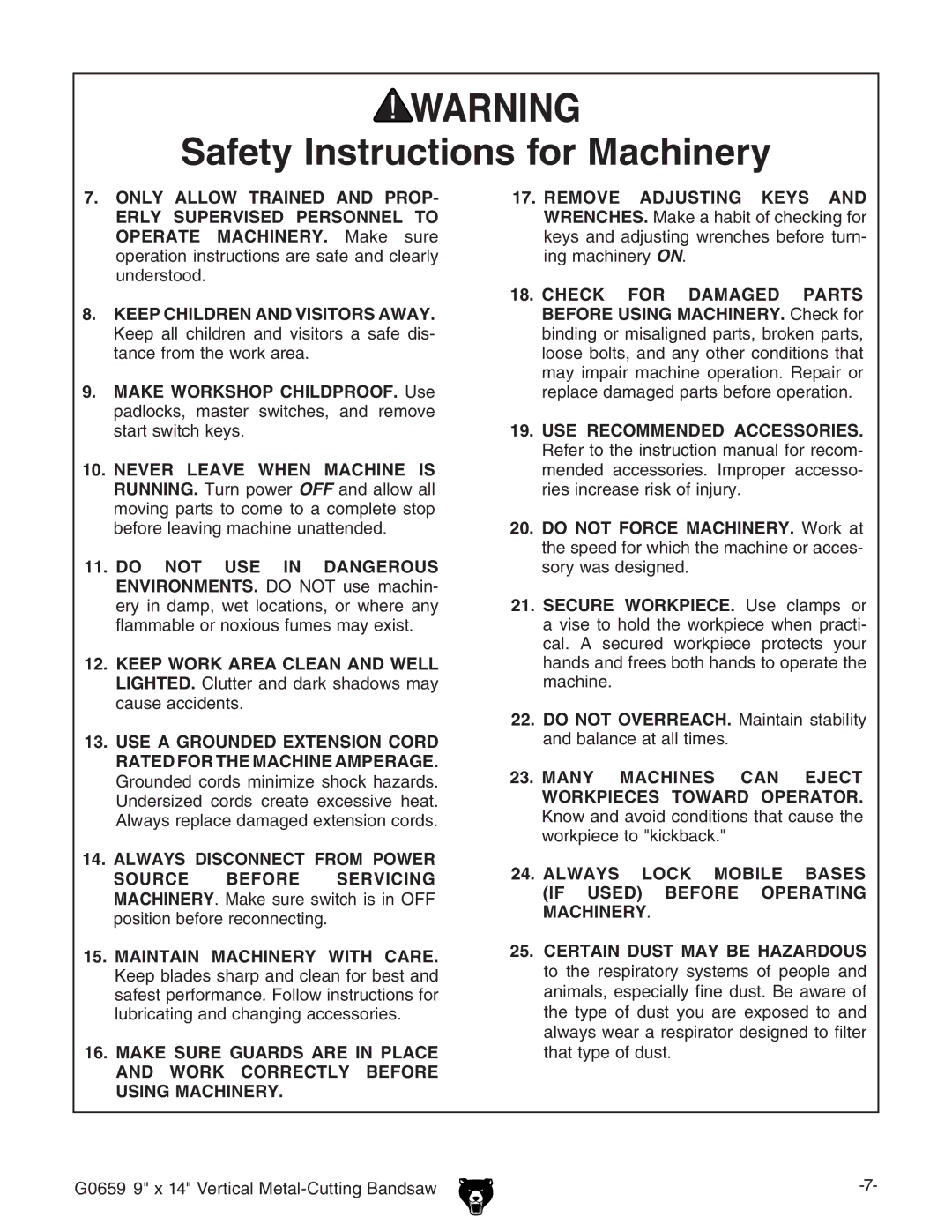 Grizzly G0659 owner manual 3AFETYYNSTRUCTIONSSFORR-ACHINERY 