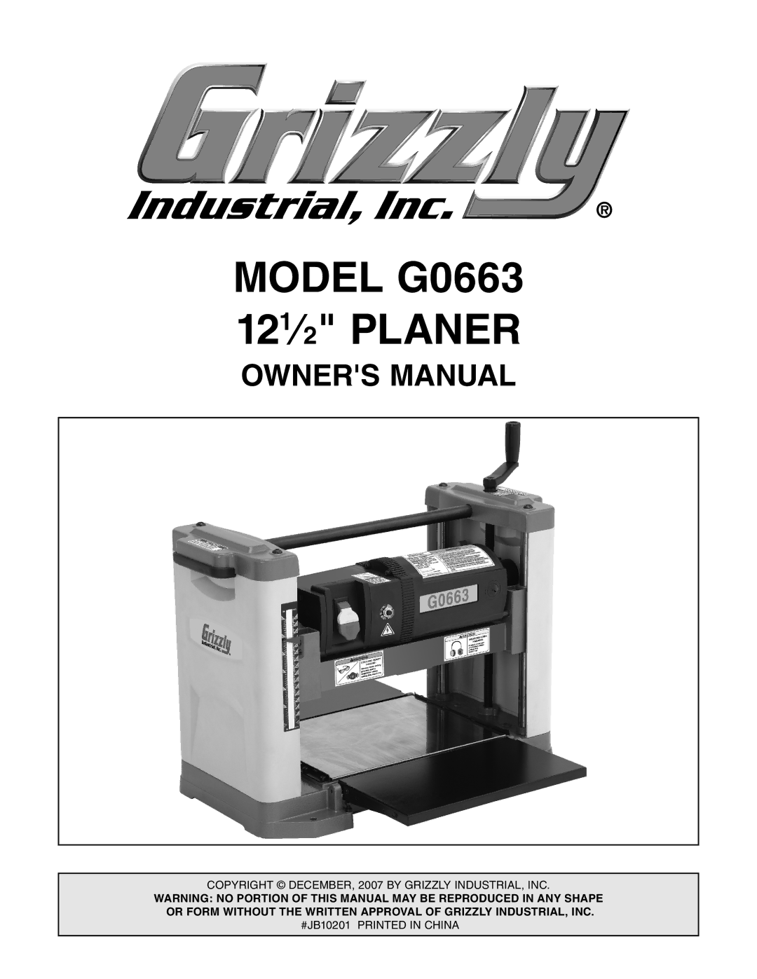 Grizzly owner manual Model G0663 121⁄2 Planer 