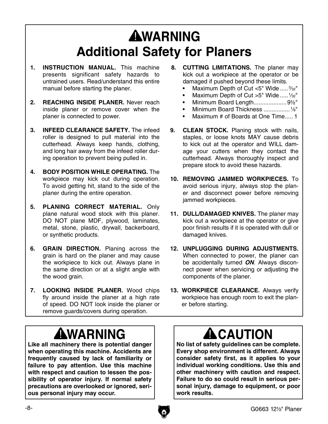 Grizzly G0663 owner manual Additional Safety for Planers 