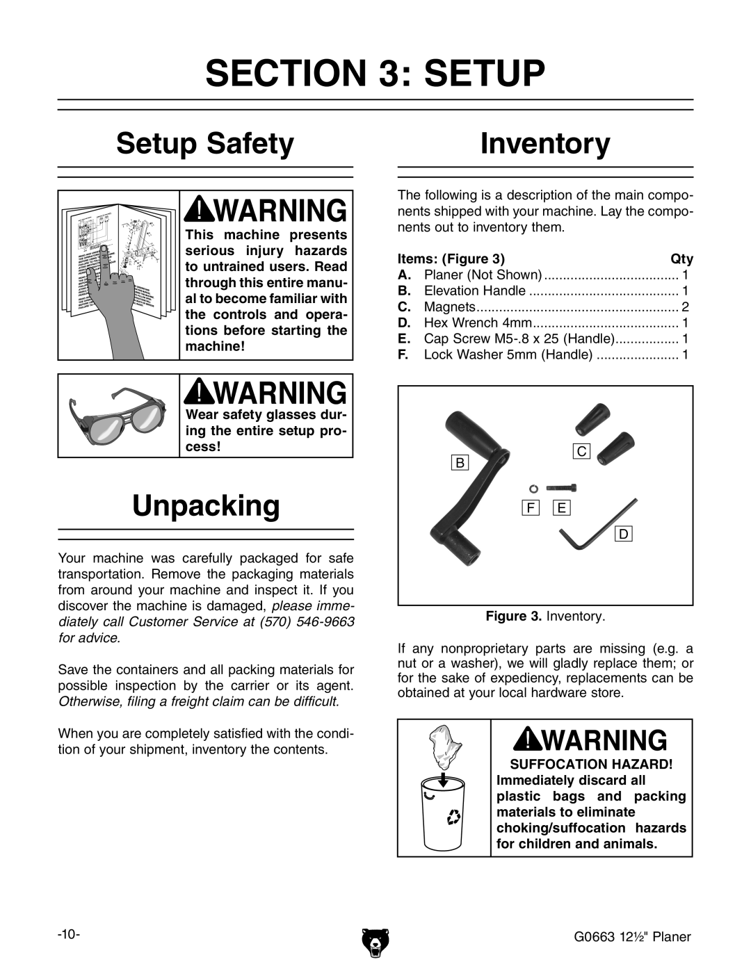 Grizzly G0663 owner manual Setup Safety, Inventory, Unpacking 