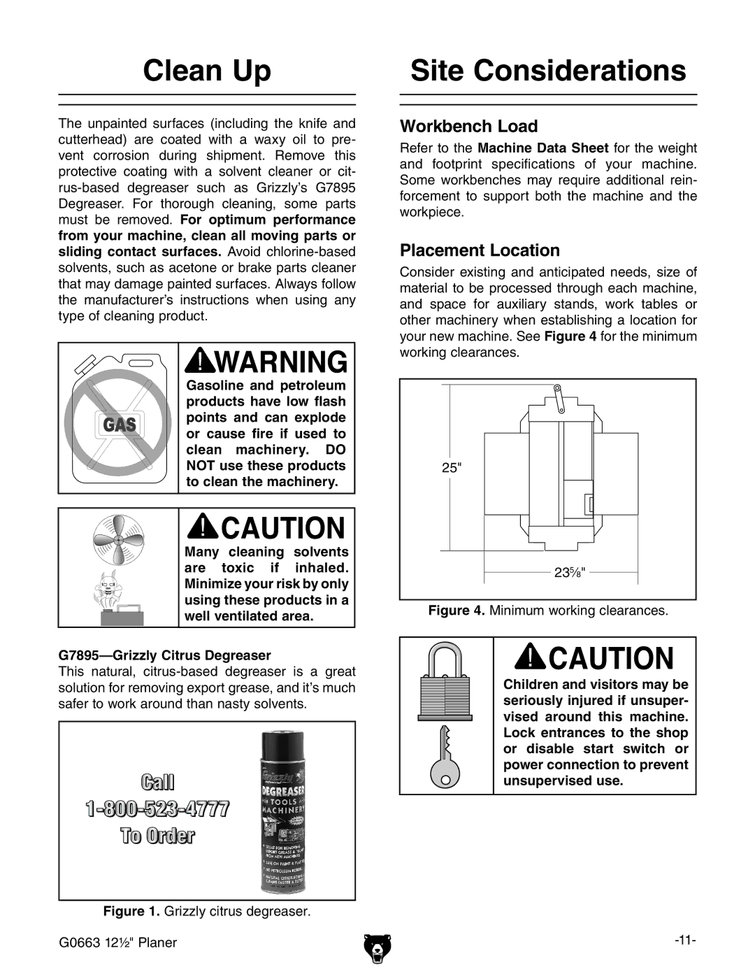 Grizzly G0663 owner manual Clean Up, Site Considerations, G7895-Grizzly Citrus Degreaser 