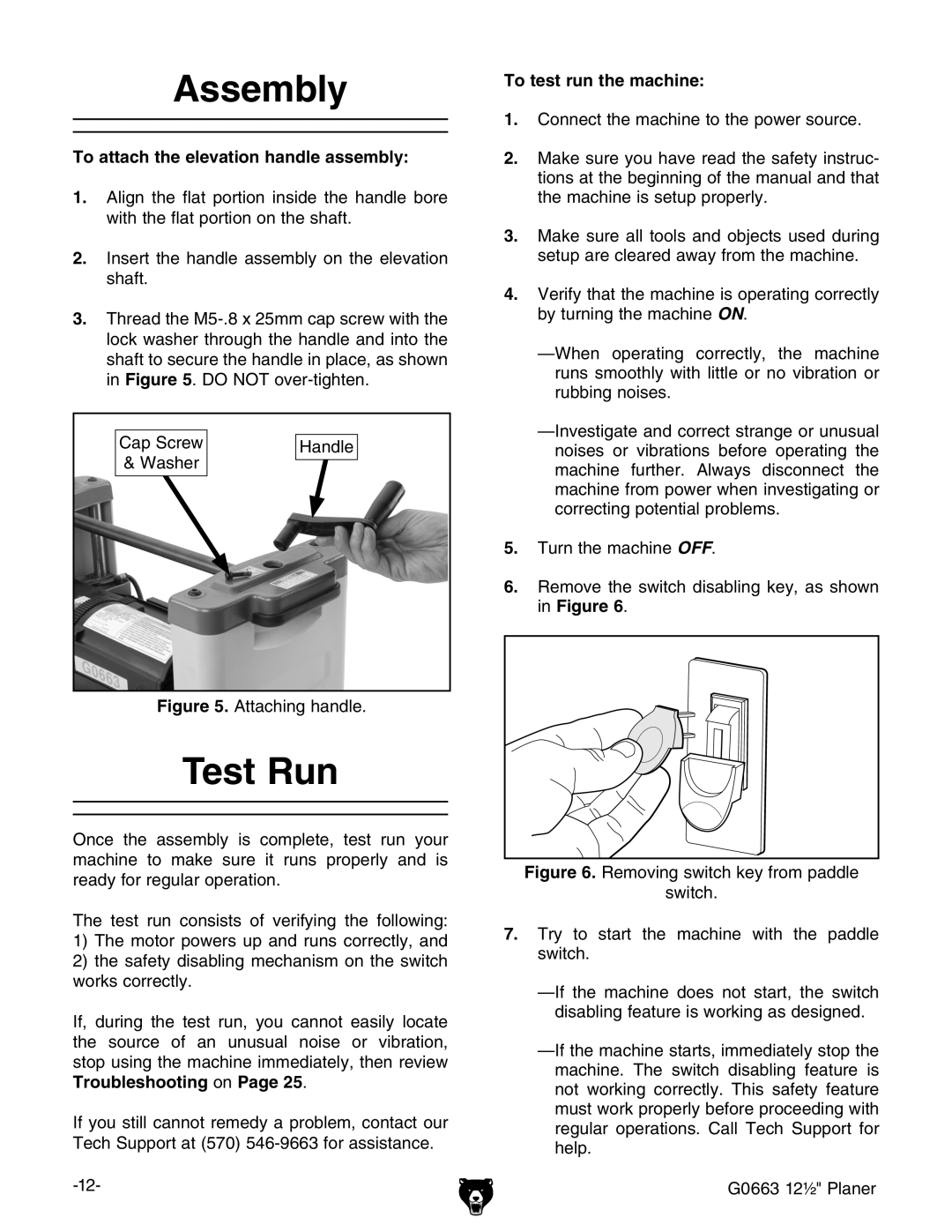 Grizzly G0663 owner manual Assembly, Test Run, To attach the elevation handle assembly, To test run the machine 