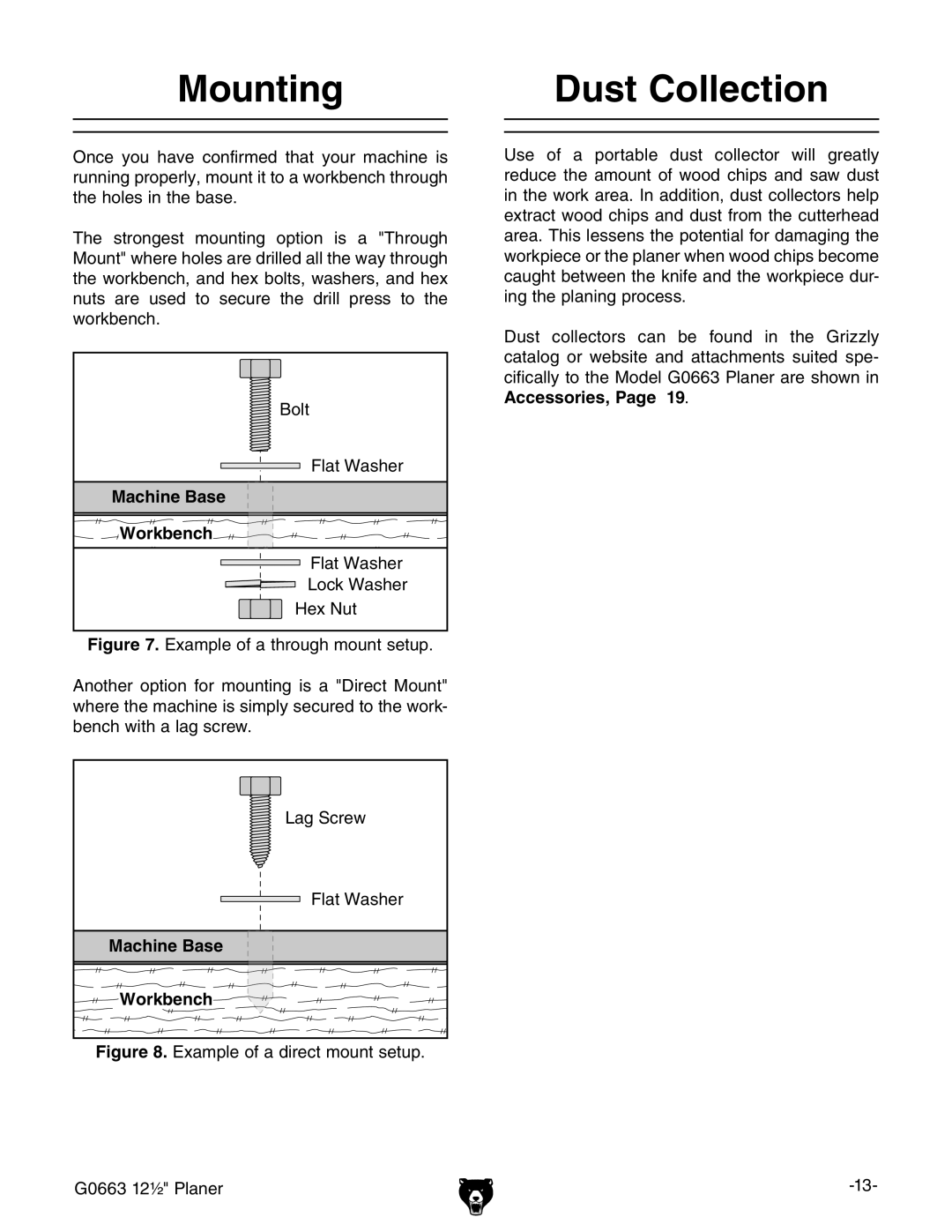 Grizzly owner manual Mounting Dust Collection, Example of a direct mount setup G0663 12½ Planer 