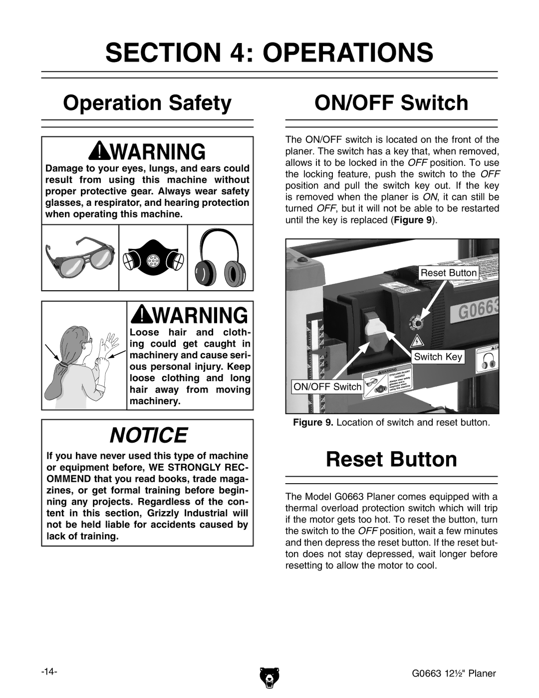 Grizzly G0663 owner manual Operations, Operation Safety ON/OFF Switch, Reset Button 