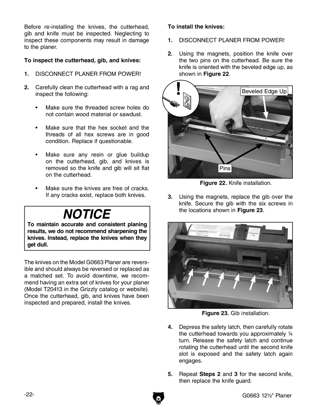 Grizzly G0663 owner manual To inspect the cutterhead, gib, and knives, To install the knives 