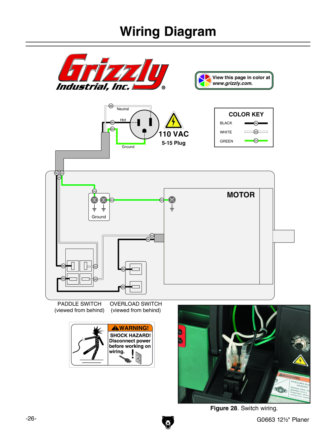 Grizzly owner manual Wiring Diagram, Switch wiring G0663 12½ Planer 