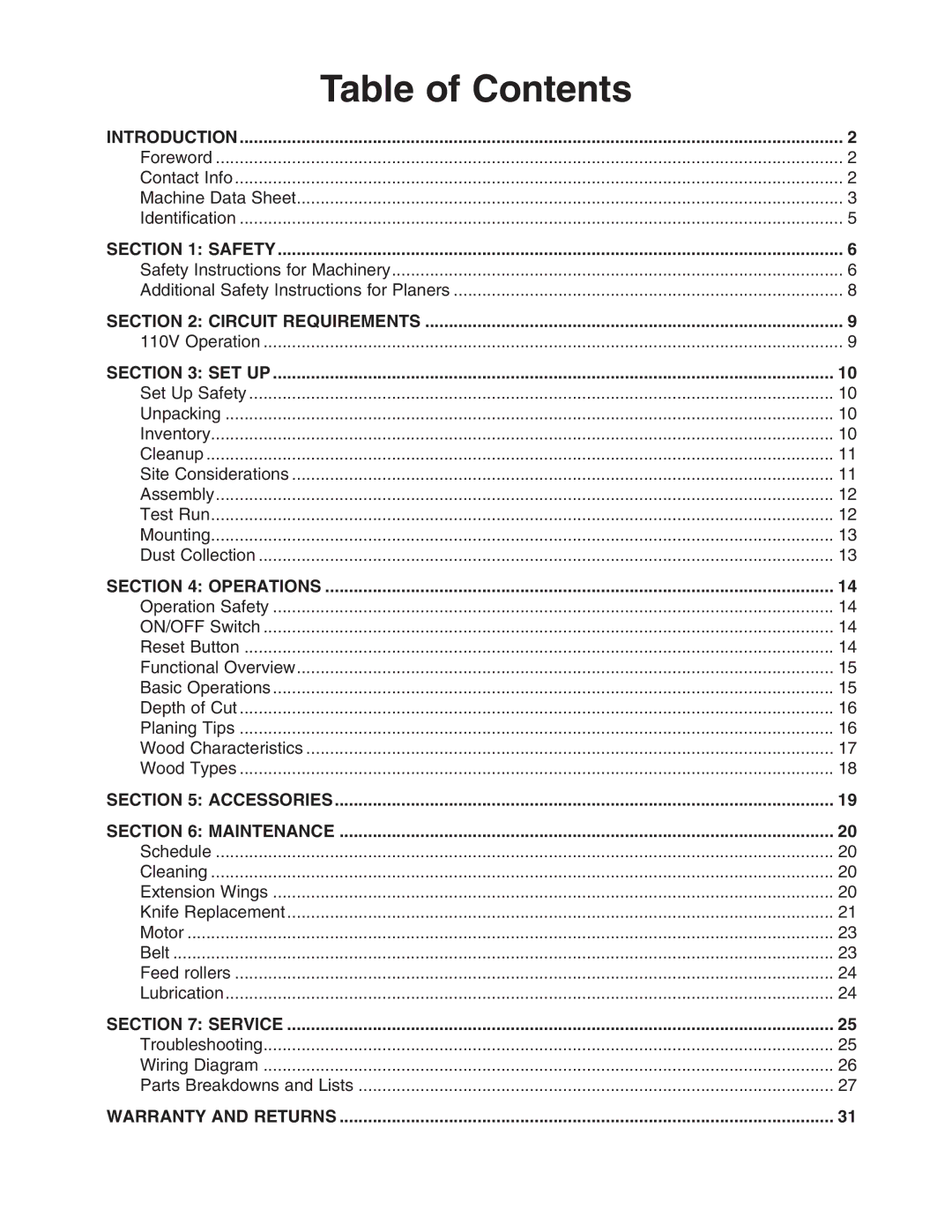 Grizzly G0663 owner manual Table of Contents 