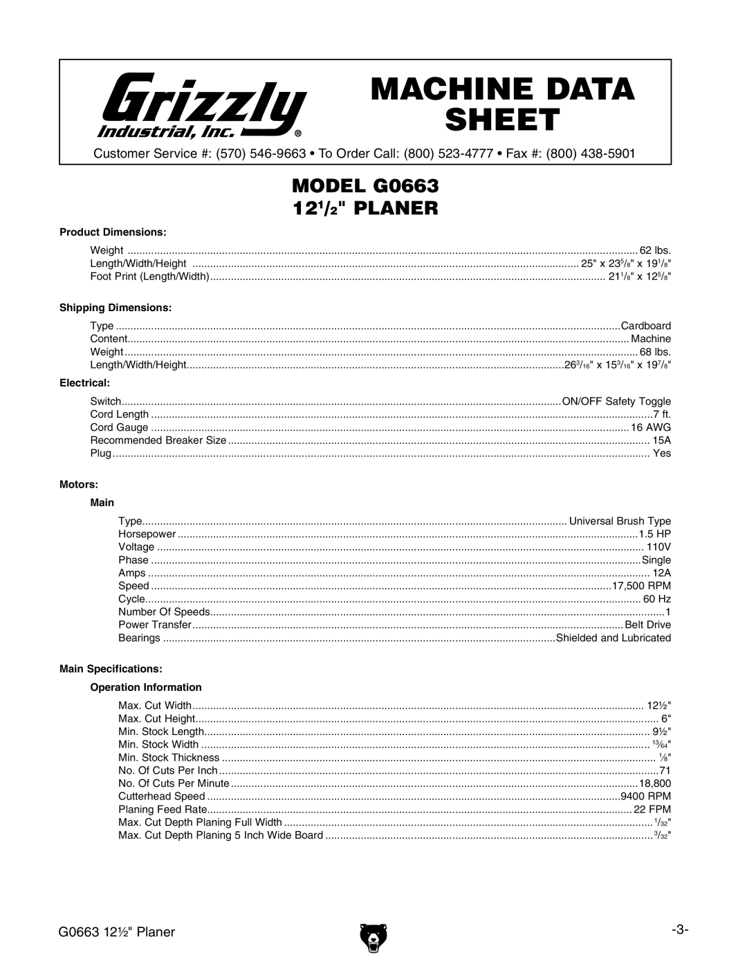 Grizzly owner manual G0663 12½ Planer 