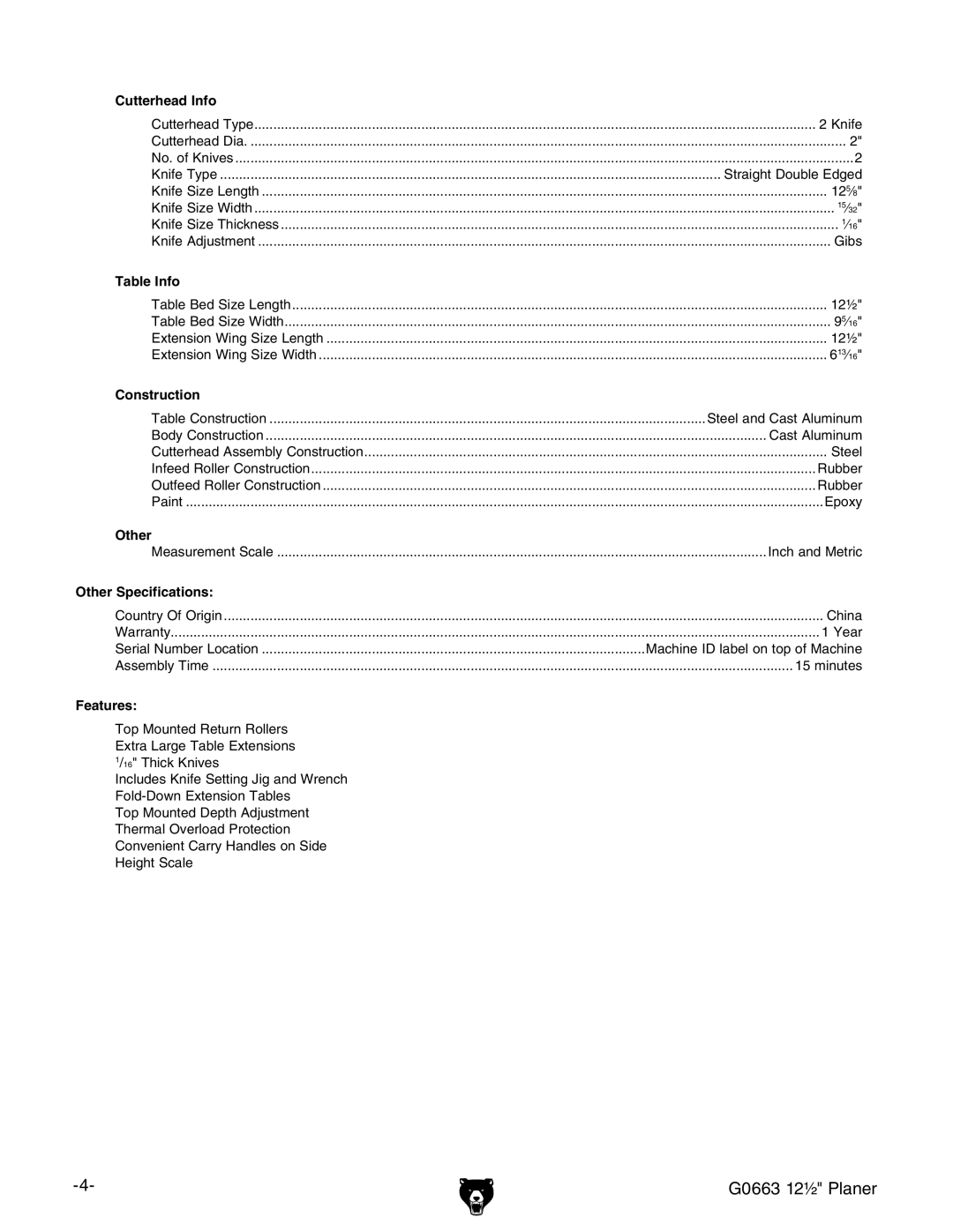 Grizzly owner manual G0663 12½ Planer 