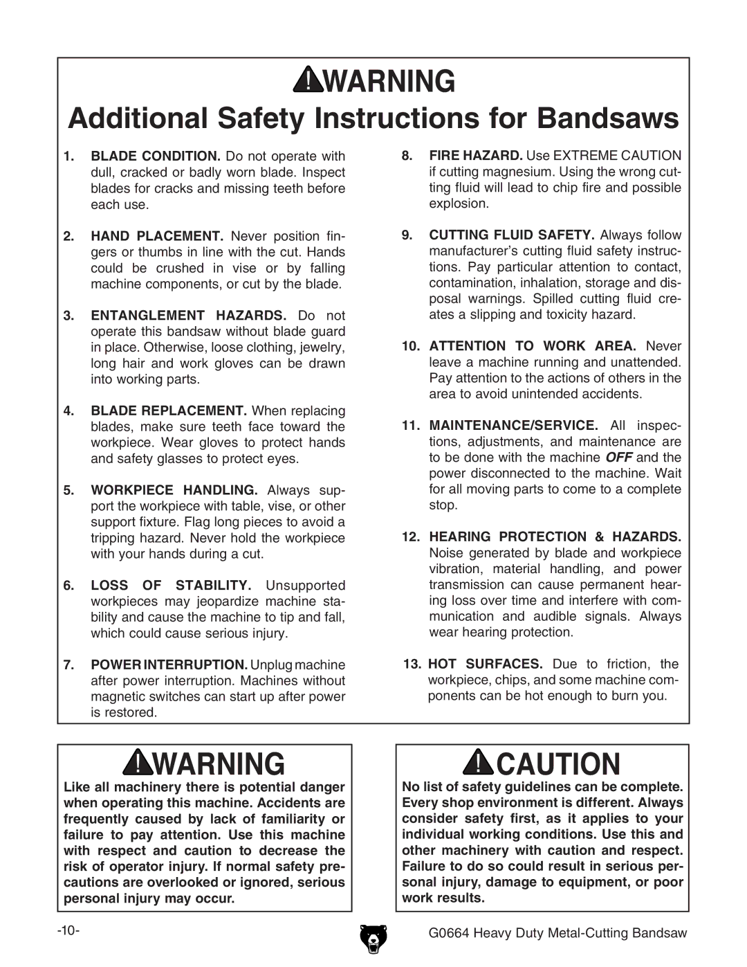 Grizzly G0664 owner manual Additional Safety Instructions for Bandsaws, Hearing Protection & Hazards 