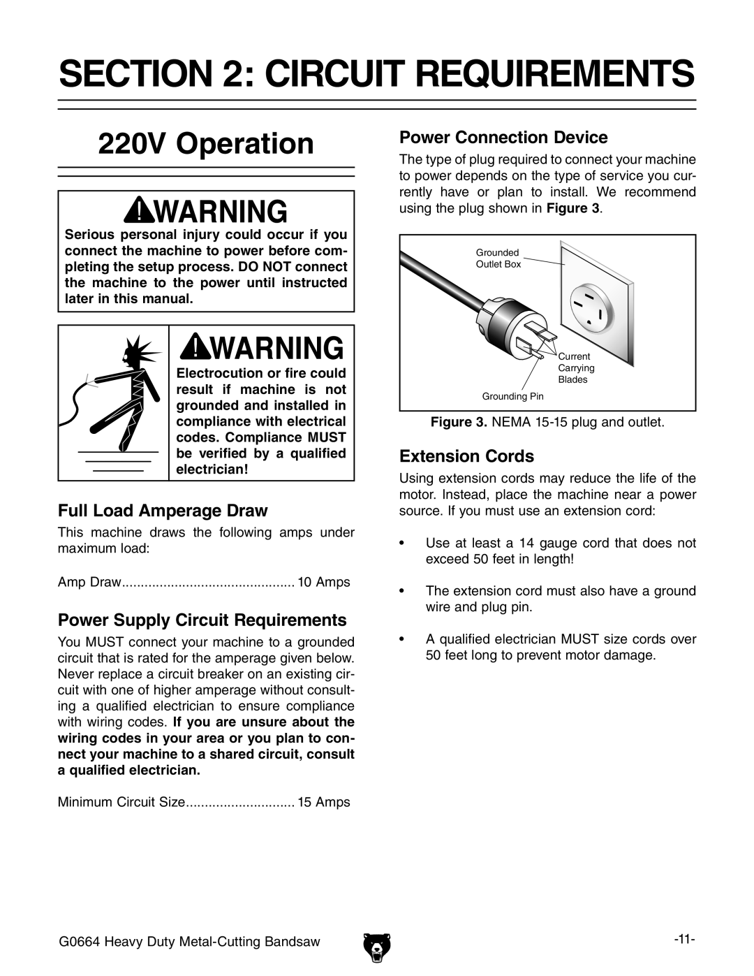 Grizzly G0664 owner manual Circuit Requirements, 220V Operation 