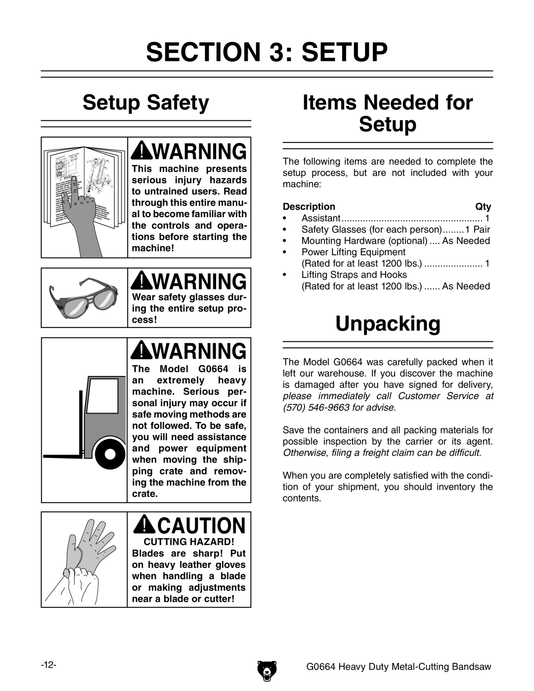 Grizzly G0664 owner manual Setup Safety, Items Needed for, Unpacking 