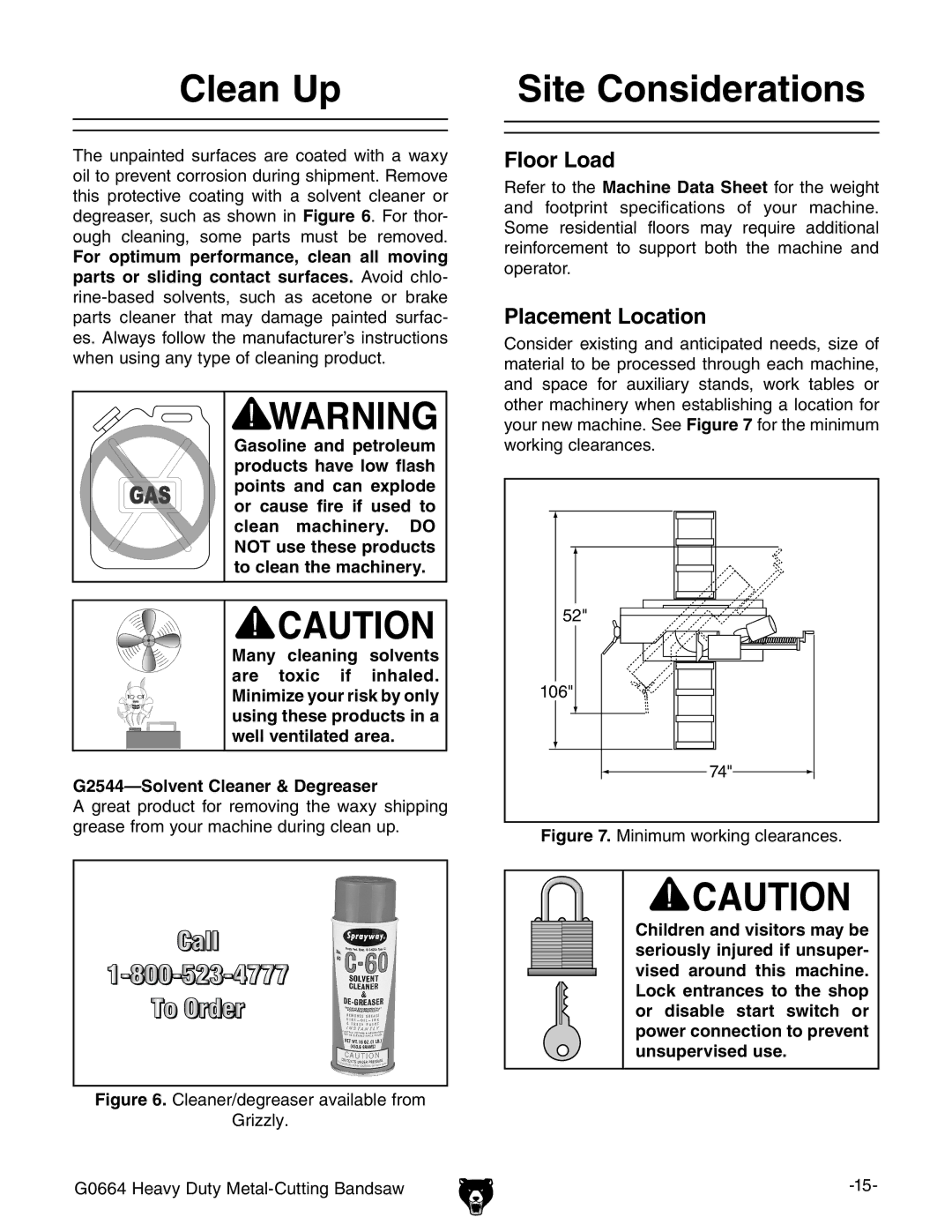 Grizzly G0664 owner manual Clean Up, Site Considerations, Floor Load, Placement Location 