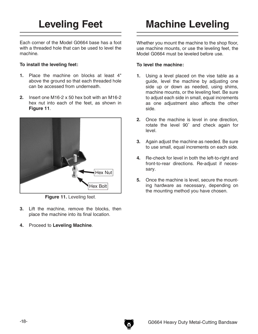 Grizzly G0664 owner manual Leveling Feet, Machine Leveling, To install the leveling feet, Proceed to Leveling Machine 