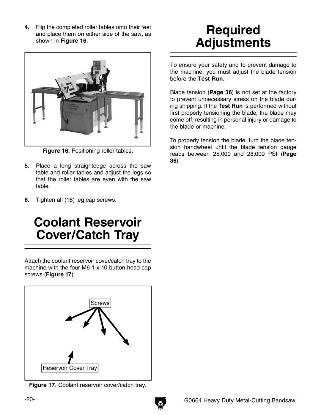 Grizzly G0664 owner manual Required Adjustments, Coolant Reservoir Cover/Catch Tray 