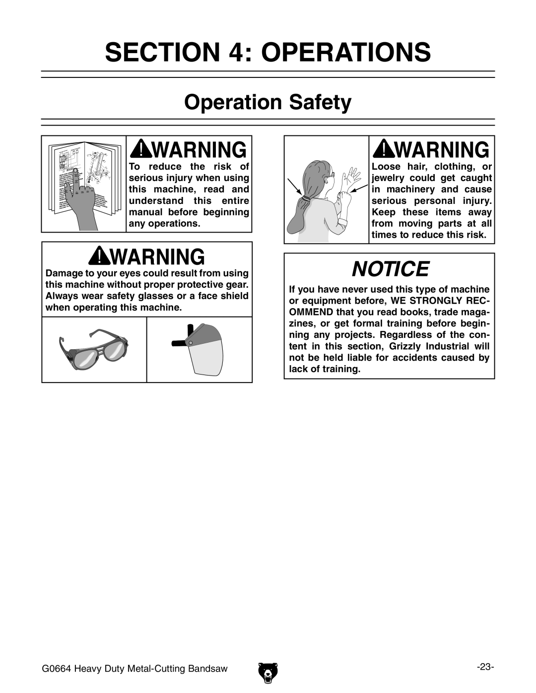 Grizzly G0664 owner manual Operations, Operation Safety 