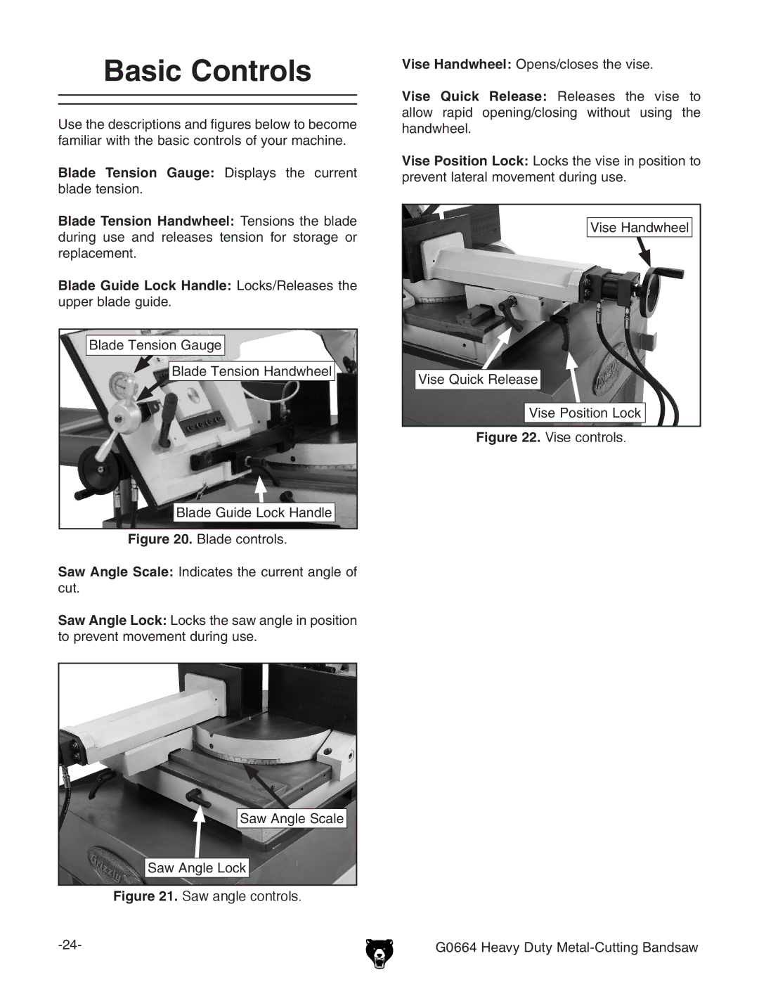 Grizzly G0664 owner manual Basic Controls, Blade Guide Lock Handle Locks/Releases 