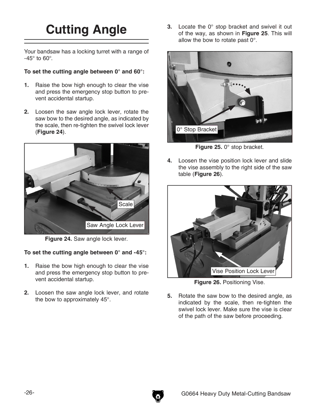 Grizzly G0664 owner manual Cutting Angle, To set the cutting angle between 0 