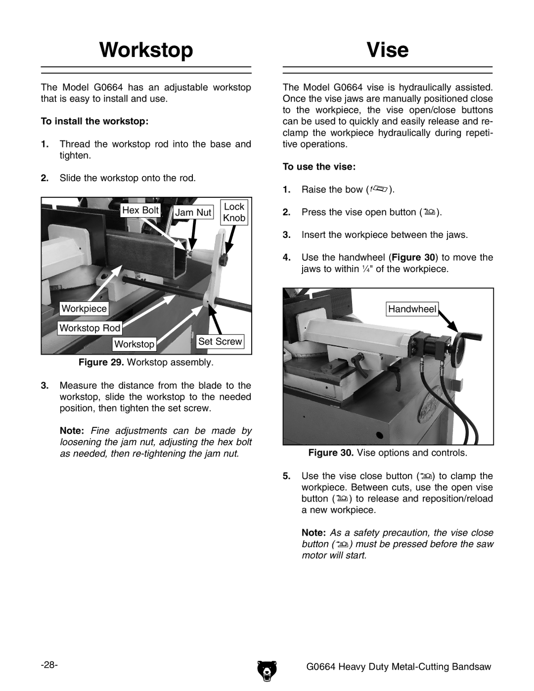 Grizzly G0664 owner manual WorkstopVise, To install the workstop, To use the vise 