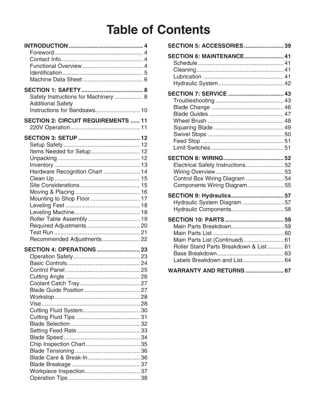 Grizzly G0664 owner manual Table of Contents 