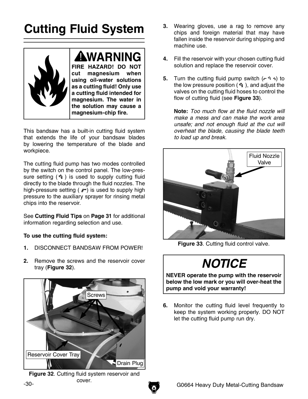 Grizzly G0664 owner manual Cutting Fluid System, To use the cutting fluid system 