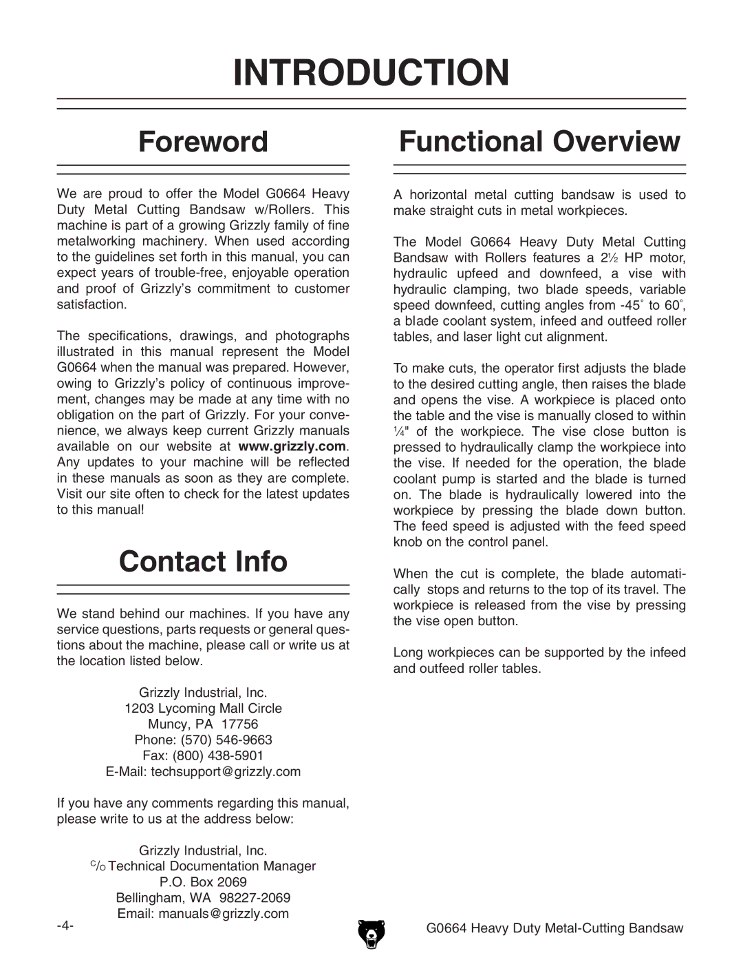 Grizzly G0664 owner manual Introduction, Foreword Functional Overview, Contact Info 