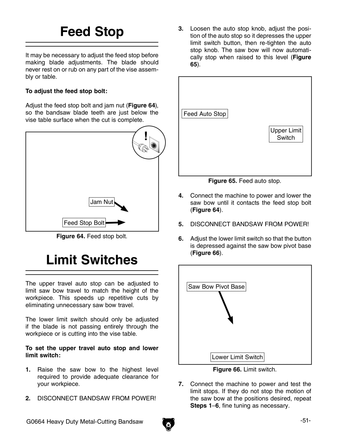 Grizzly G0664 owner manual Feed Stop, Limit Switches, To adjust the feed stop bolt 