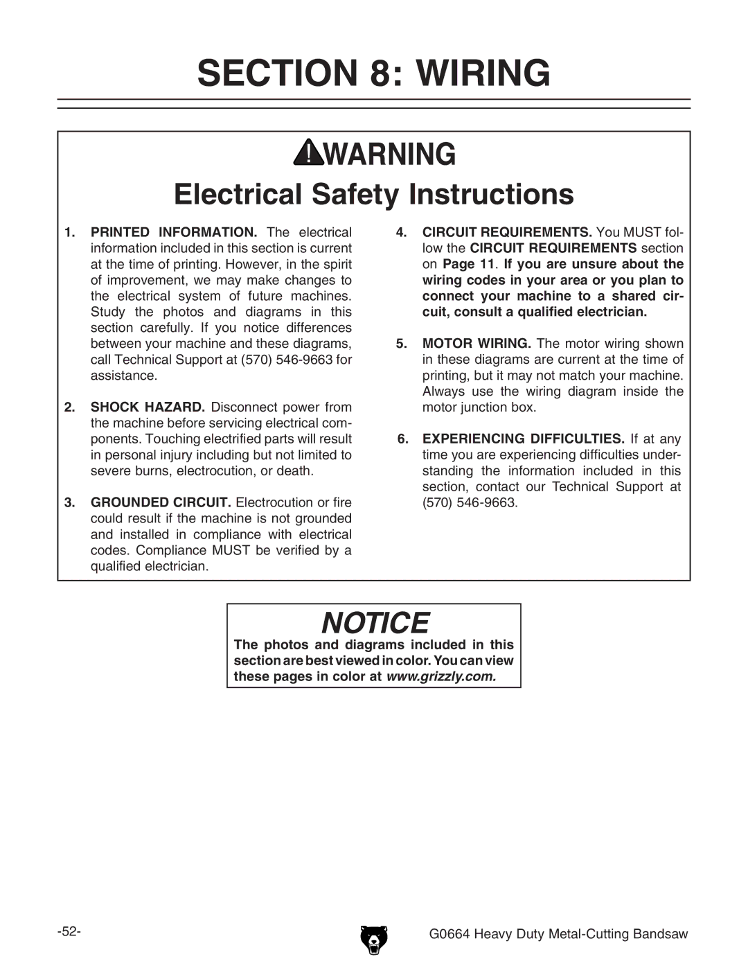 Grizzly G0664 owner manual Wiring, Electrical Safety Instructions 