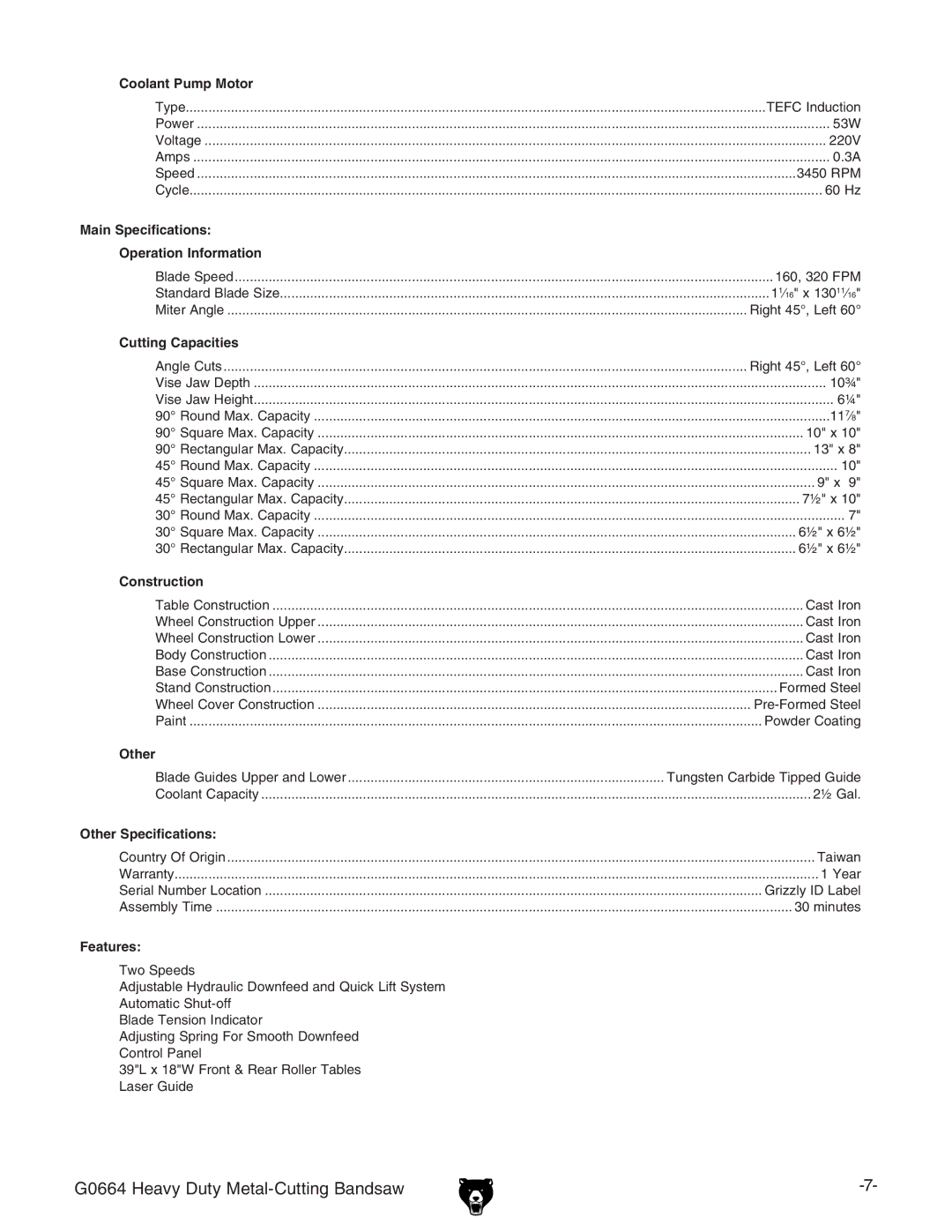 Grizzly G0664 owner manual Coolant Pump Motor 