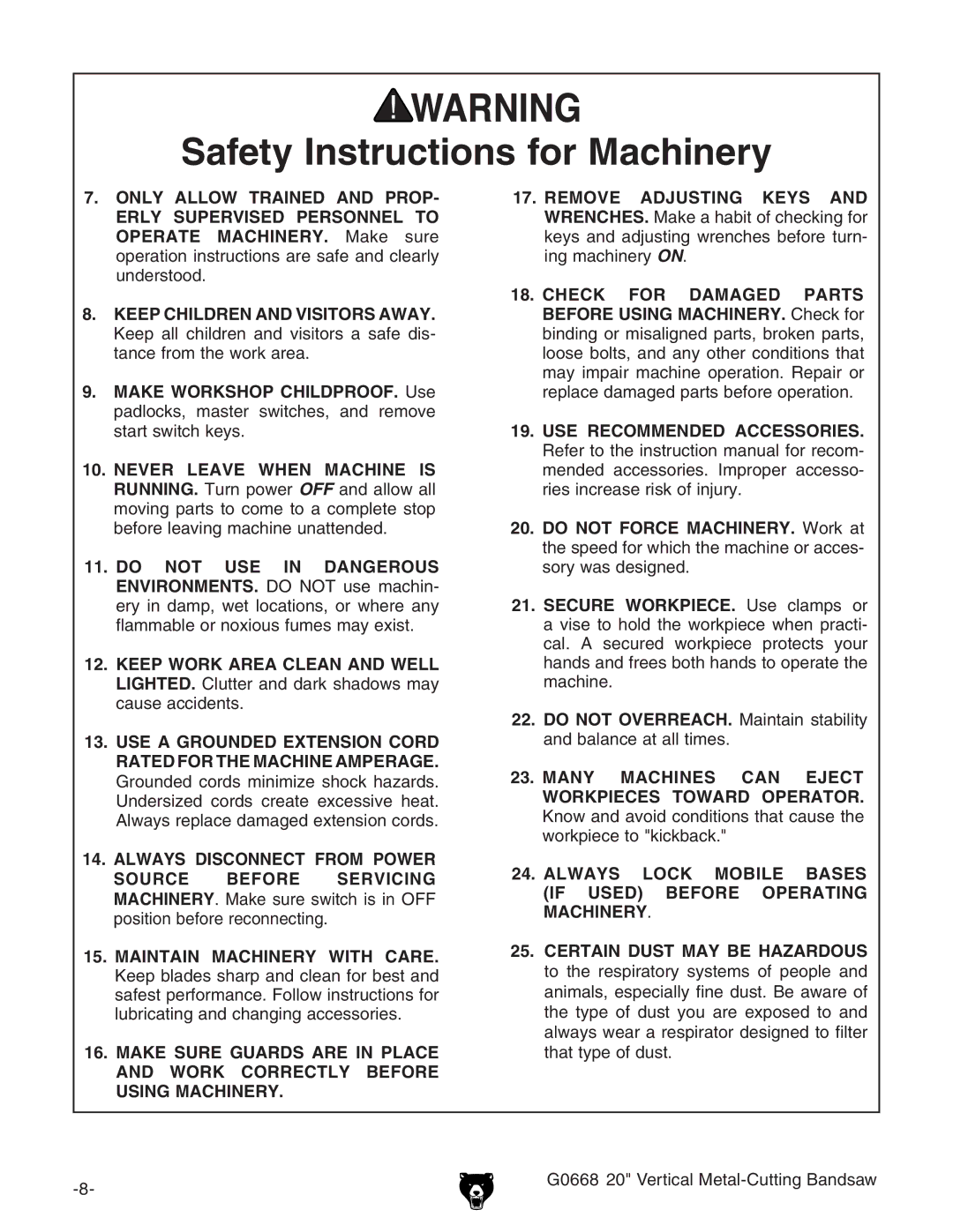 Grizzly owner manual G0668 20 Vertical Metal-Cutting Bandsaw 