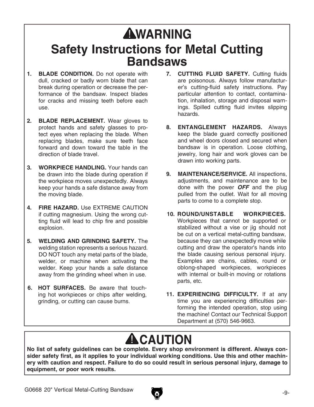 Grizzly G0668 owner manual Safety Instructions for Metal Cutting Bandsaws 