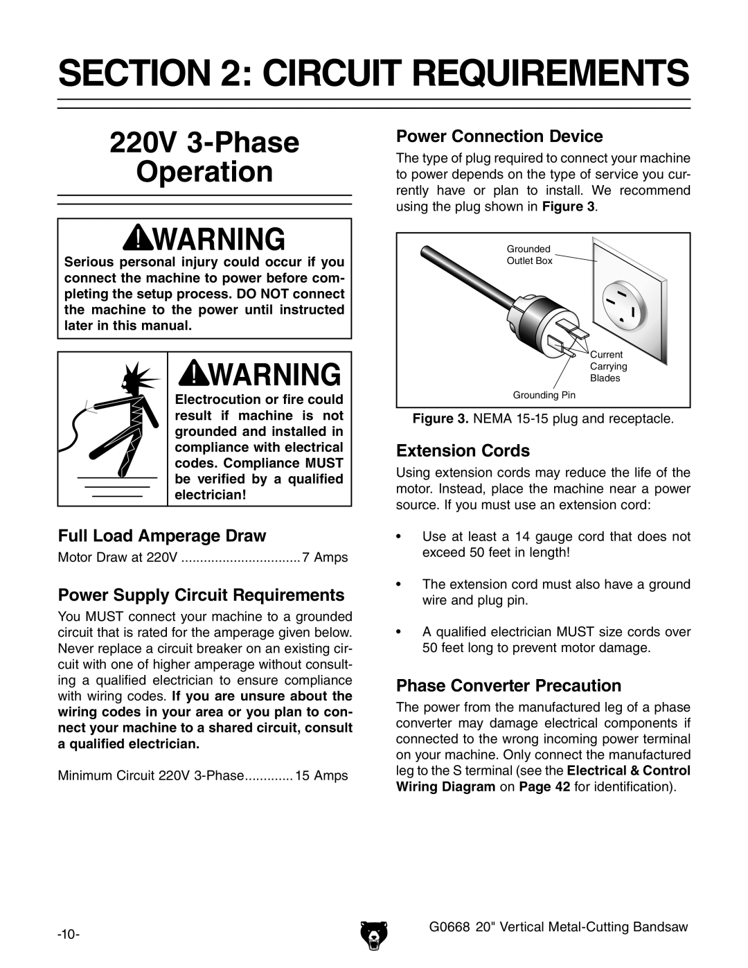 Grizzly G0668 owner manual Circuit Requirements, 220V 3-Phase Operation 