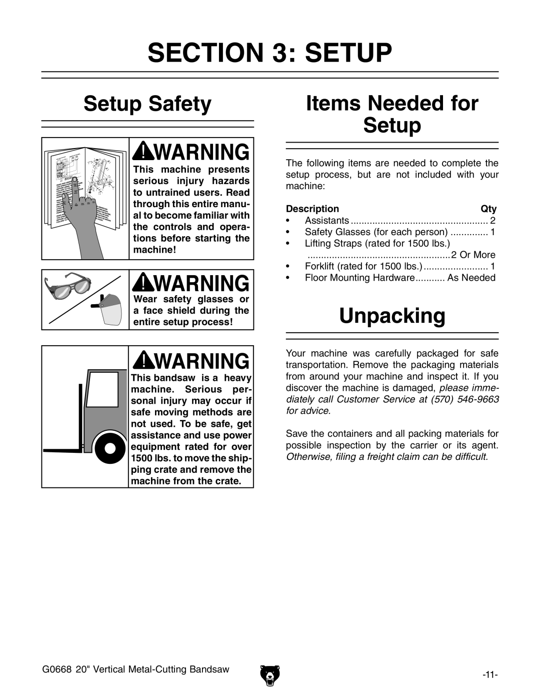 Grizzly G0668 owner manual Setup Safety, Items Needed for Setup, Unpacking, Description Qty 