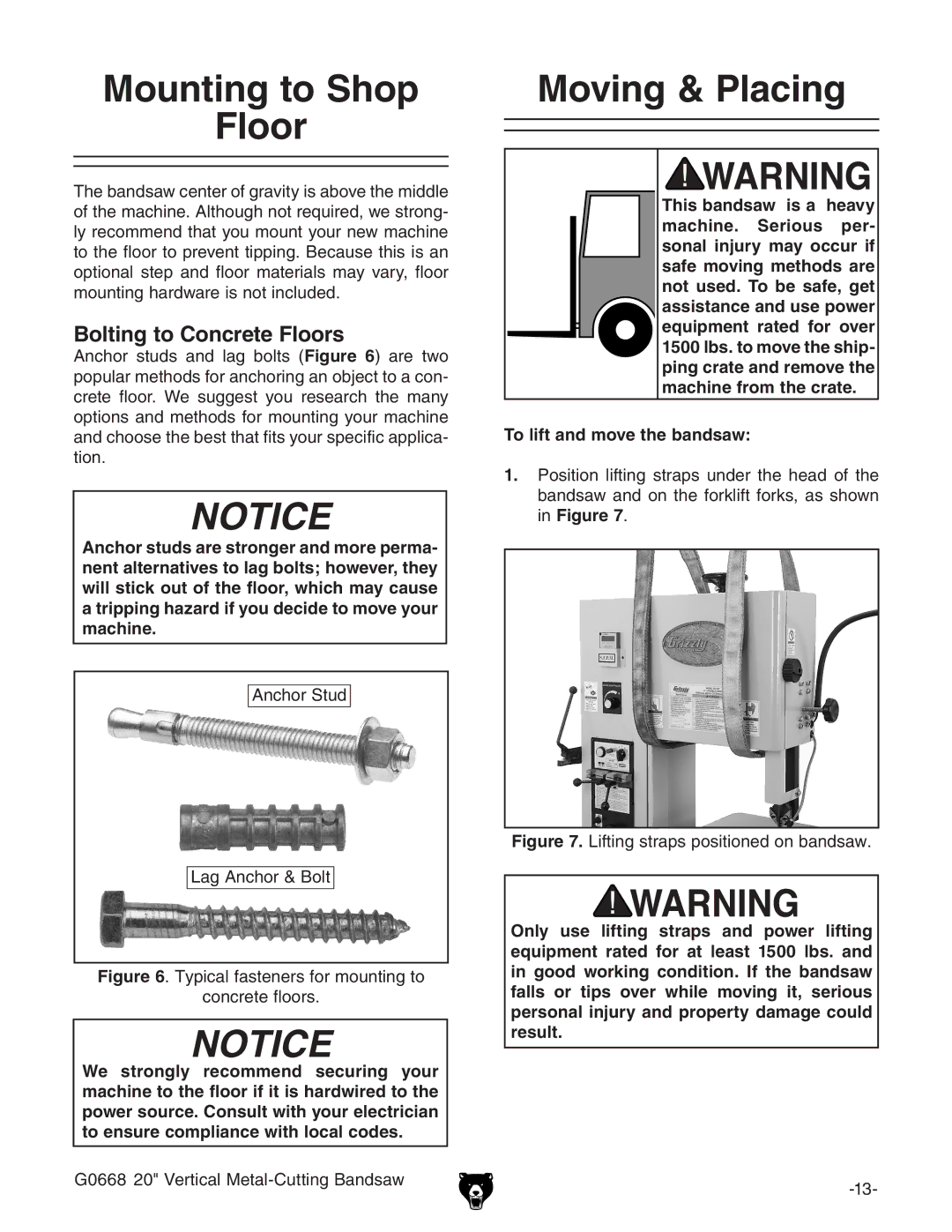 Grizzly G0668 owner manual Mounting to Shop Floor, Moving & Placing, Bolting to Concrete Floors 