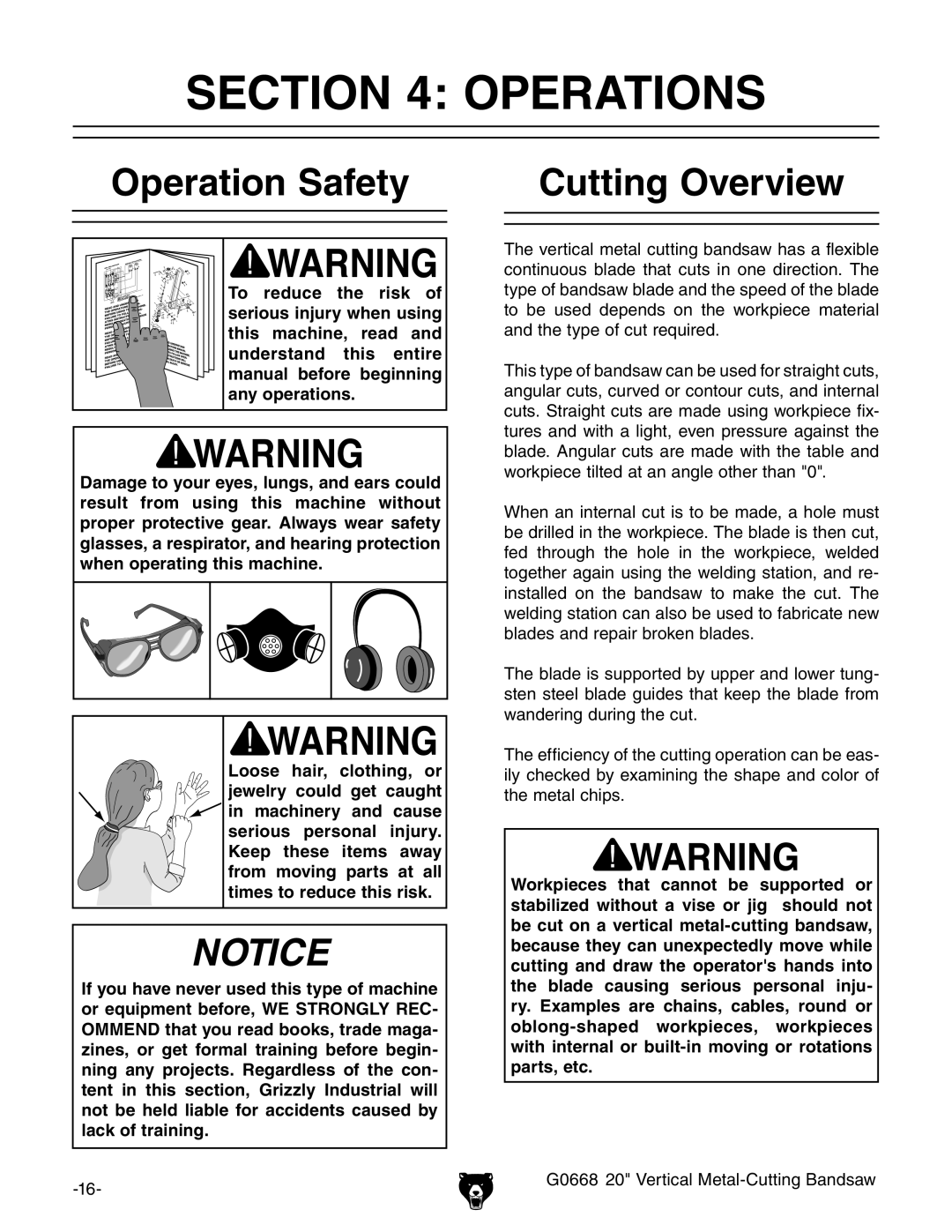 Grizzly G0668 owner manual Operations, Operation Safety Cutting Overview 