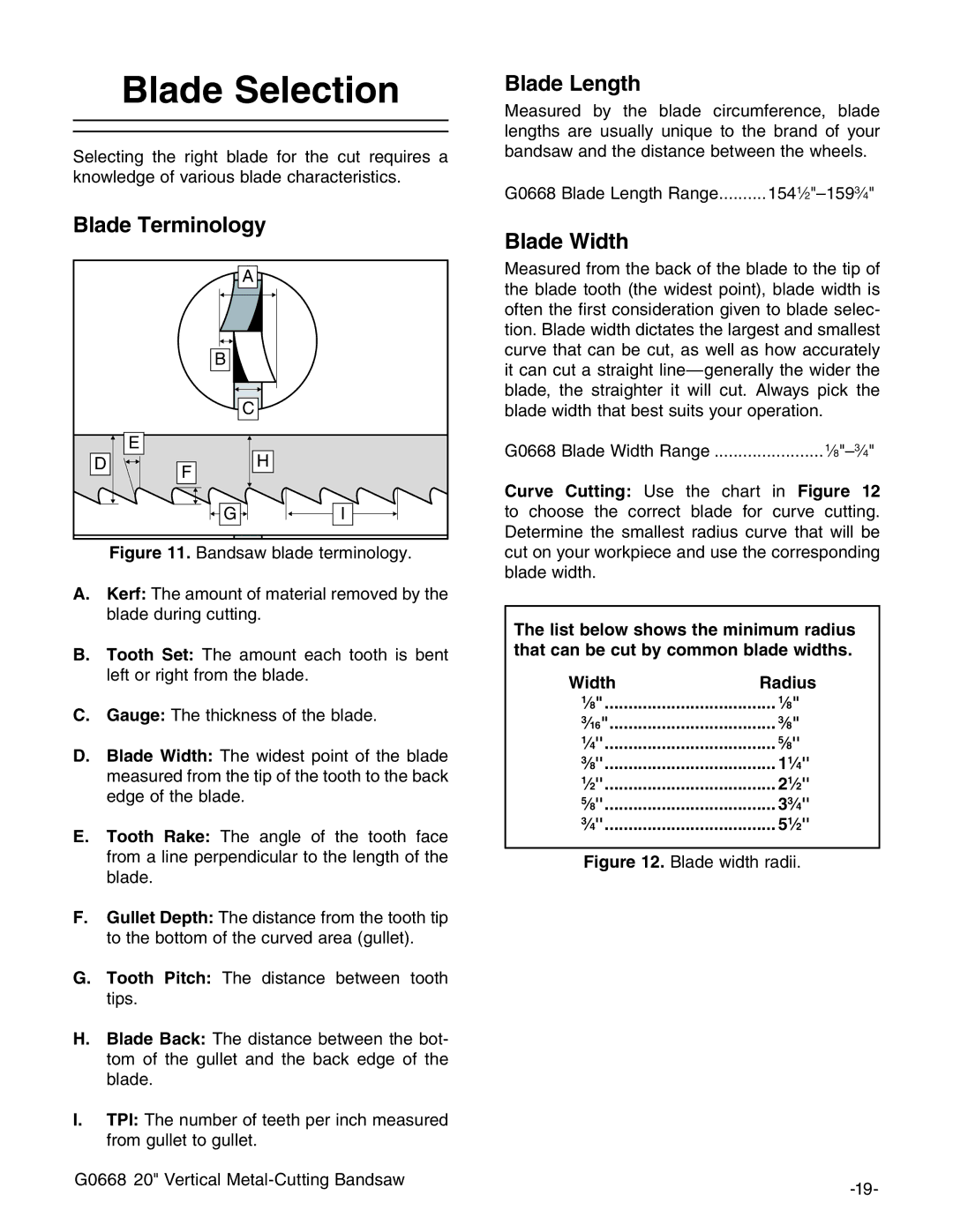 Grizzly G0668 owner manual Blade Selection, Blade Terminology, Blade Length, Blade Width 