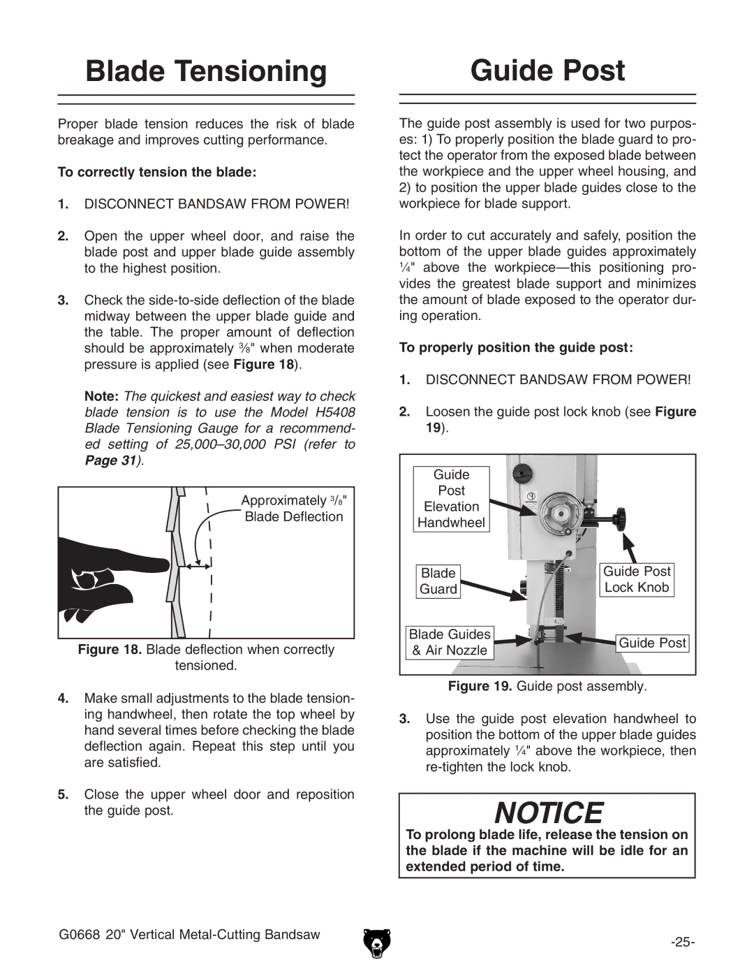 Grizzly G0668 Blade Tensioning, Guide Post, To correctly tension the blade, To properly position the guide post 