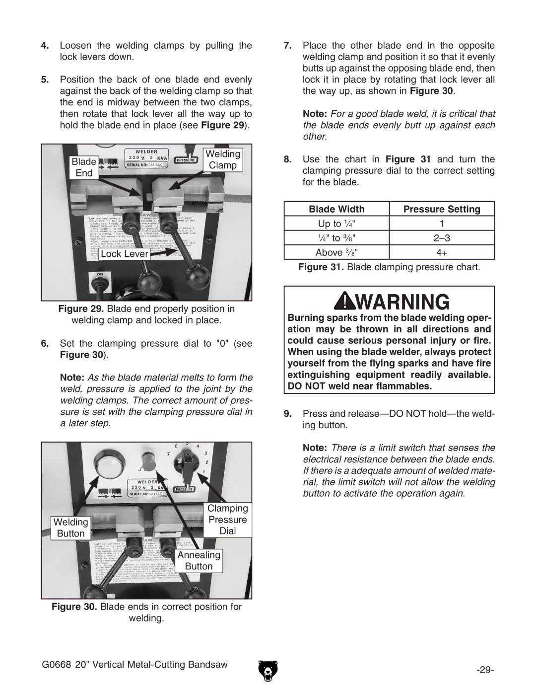 Grizzly G0668 owner manual Blade Width Pressure Setting, Blade clamping pressure chart 